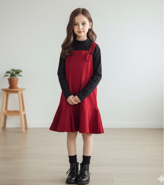 AO0519-130 فستان بناتي قطعتين ( فستان + بلوزة قطنية )