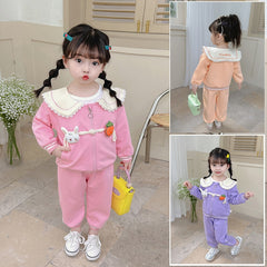 RM231223-6   طقم بناتي قطني تقيل خريفي شتوي مزين بجي 3 قطع ( بلوزة + جكيت + بنطلون)