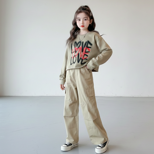 RM171223-36 طقم بناتي قطعتين ( بلوزة قطن + بنطلون كتان ناعم)