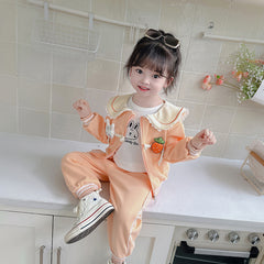 RM231223-6   طقم بناتي قطني تقيل خريفي شتوي مزين بجي 3 قطع ( بلوزة + جكيت + بنطلون)