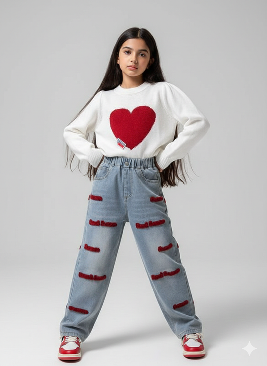 AO0712-20  طقم خريفي دافي ( بلوزة صوف + بنطلون مطرز بالصوف)