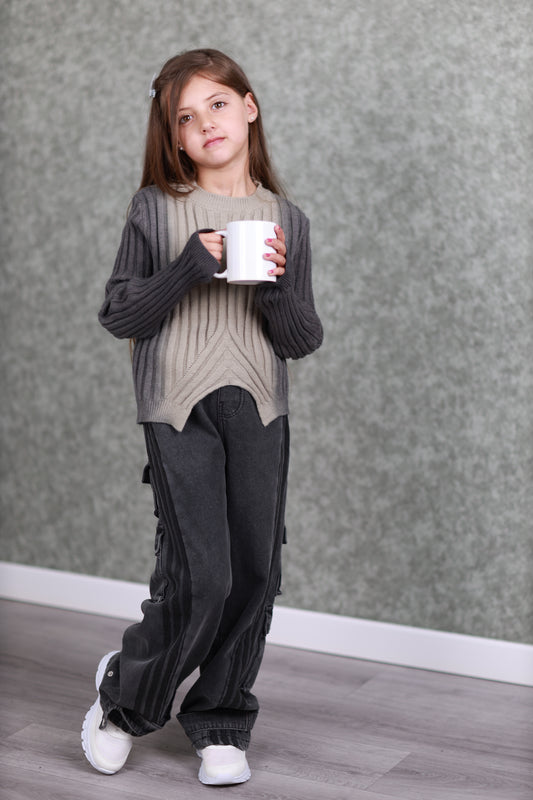 RM171223-22 طقم بناتي شتوي قطعتين ( بلوزة صوف + بنطلون جينز مبطن فرو )