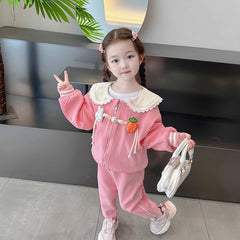 RM231223-6   طقم بناتي قطني تقيل خريفي شتوي مزين بجي 3 قطع ( بلوزة + جكيت + بنطلون)