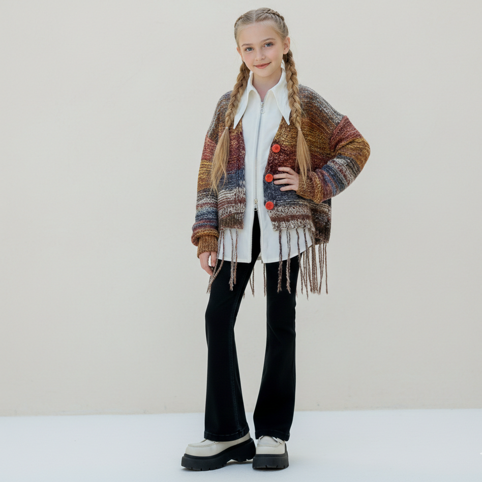 طقم بناتي 3 قطع (قميص ابيض + جكيت صوف + بنطلون جينز ) RM171223-27