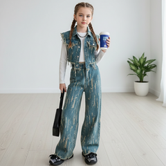 RM171223-17 طقم بناتي جينز 3 قطع ( بلوزة قطنية + جكيت جينز + بنطلون جينز)