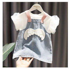 AO0402-75 فستان جينز + بلوزة بيضا كمام نفخ