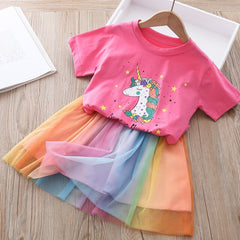 AO0304-54 طقم تنورة يونيكورن قطعتين ( بلوزة قطنية + تنورة)