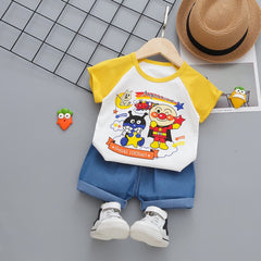 MKS-0308013 طقم ولادي رغيف العجيب قطعتين ( بلوز قطنية + شورت جينز)